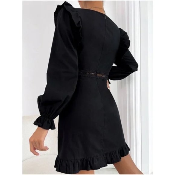 Plunging Neck Lace Ruffle Long Sleeve Mini Dress Black - Picture 3 of 12